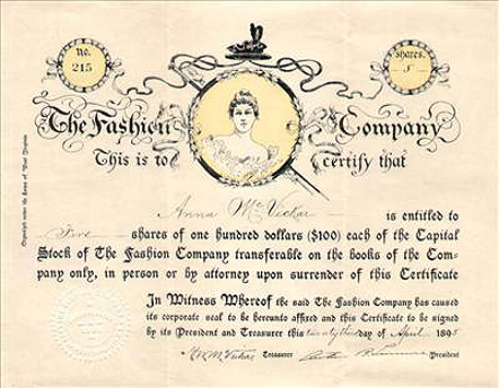 The Fashion Company, 1895, stock certificate